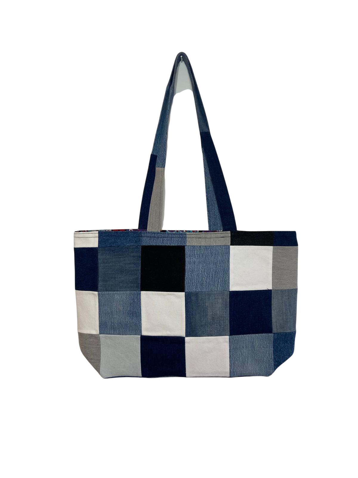 Upcycled Checked Denim Tote Bag – Sugar Skull Lined - Image 2