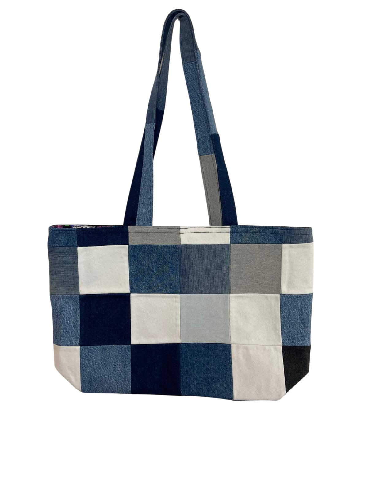 Upcycled Checked Denim Tote Bag – Sugar Skull Lined - Image 3