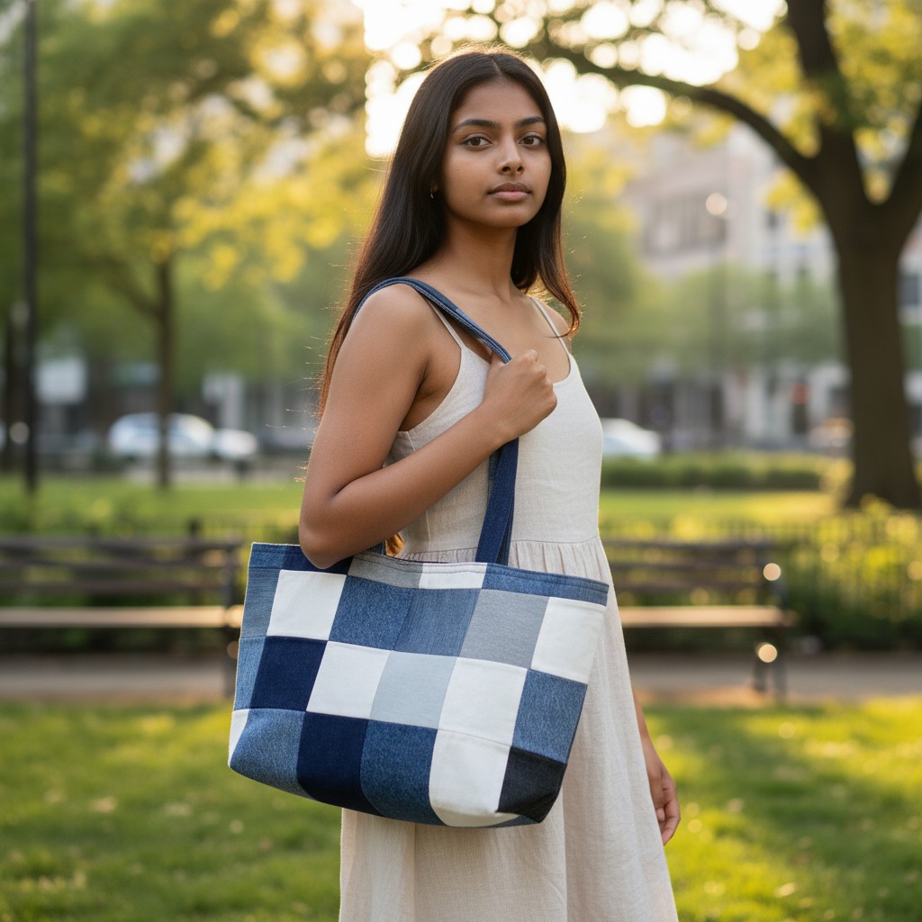Upcycled Checked Denim Tote Bag – Sugar Skull Lined