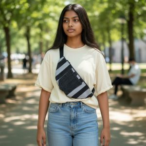Striped Denim Crossbody Bag with Cat Print Lining