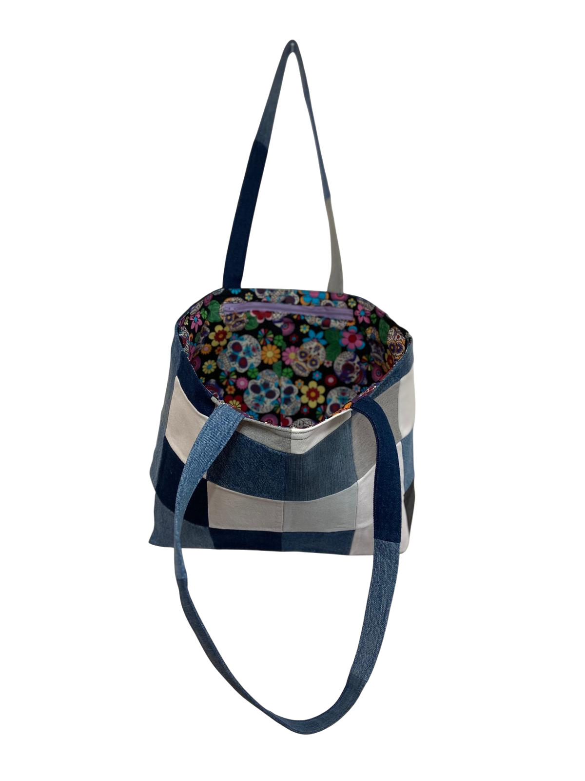 Upcycled Checked Denim Tote Bag – Sugar Skull Lined - Image 4