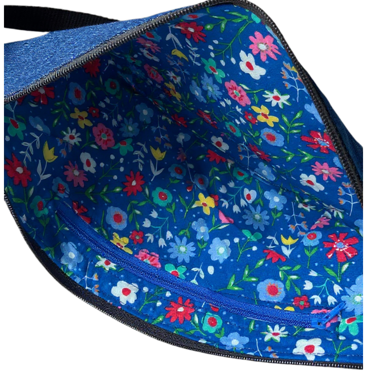 Upcycled Denim Bum Bag / Crossbody Bag with Floral Lining - Image 4