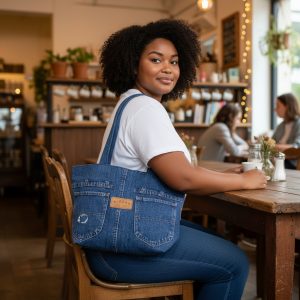 Upcycled Denim Bag – Red Lined Tote with Matching Pouch